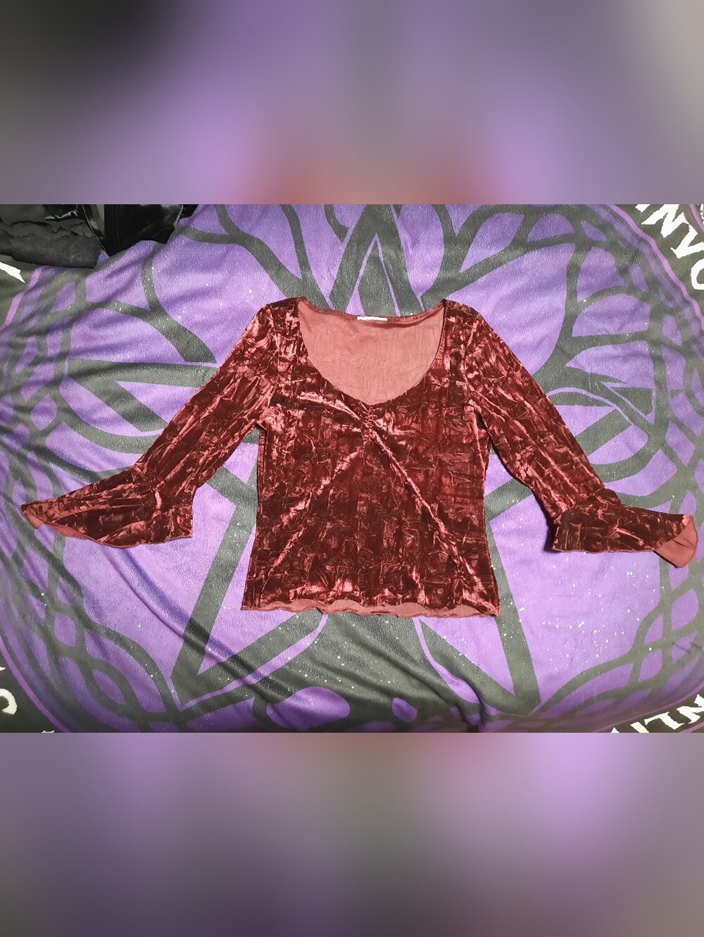 Whimsigoth Velvet Scoop Neck Long Sleeve Top - Wine Red